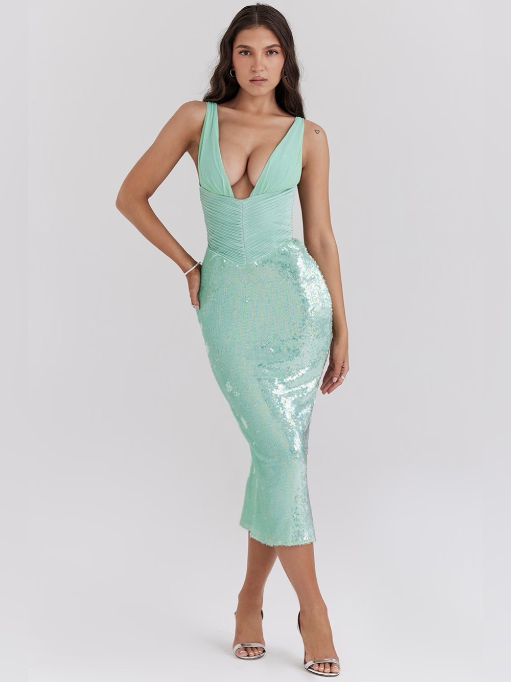 House of CB THALA Seafoam Sequin Corset Midi Dress NWT